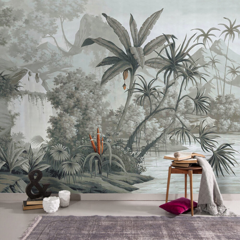 Grey Waterfall Jungle Wallpaper : Muted Tropical Landscape Mural - View 2