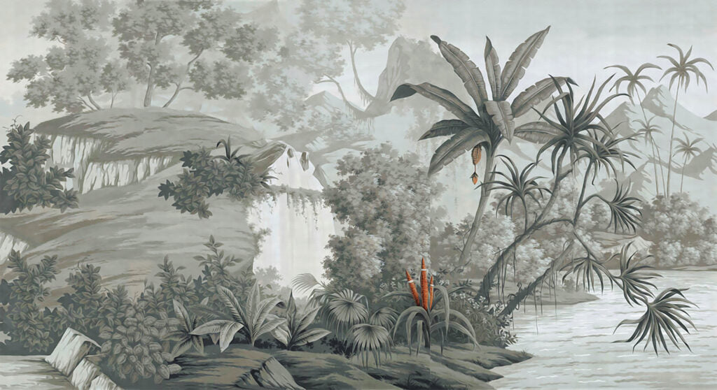 Grey Waterfall Jungle Wallpaper : Muted Tropical Landscape Mural - flat design