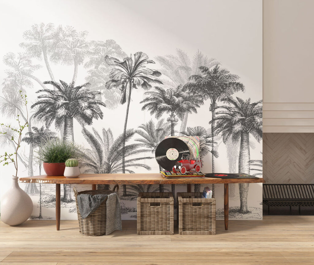 Black White Palm Tree Wallpaper : Sketch Tropical Grove Mural - View 2