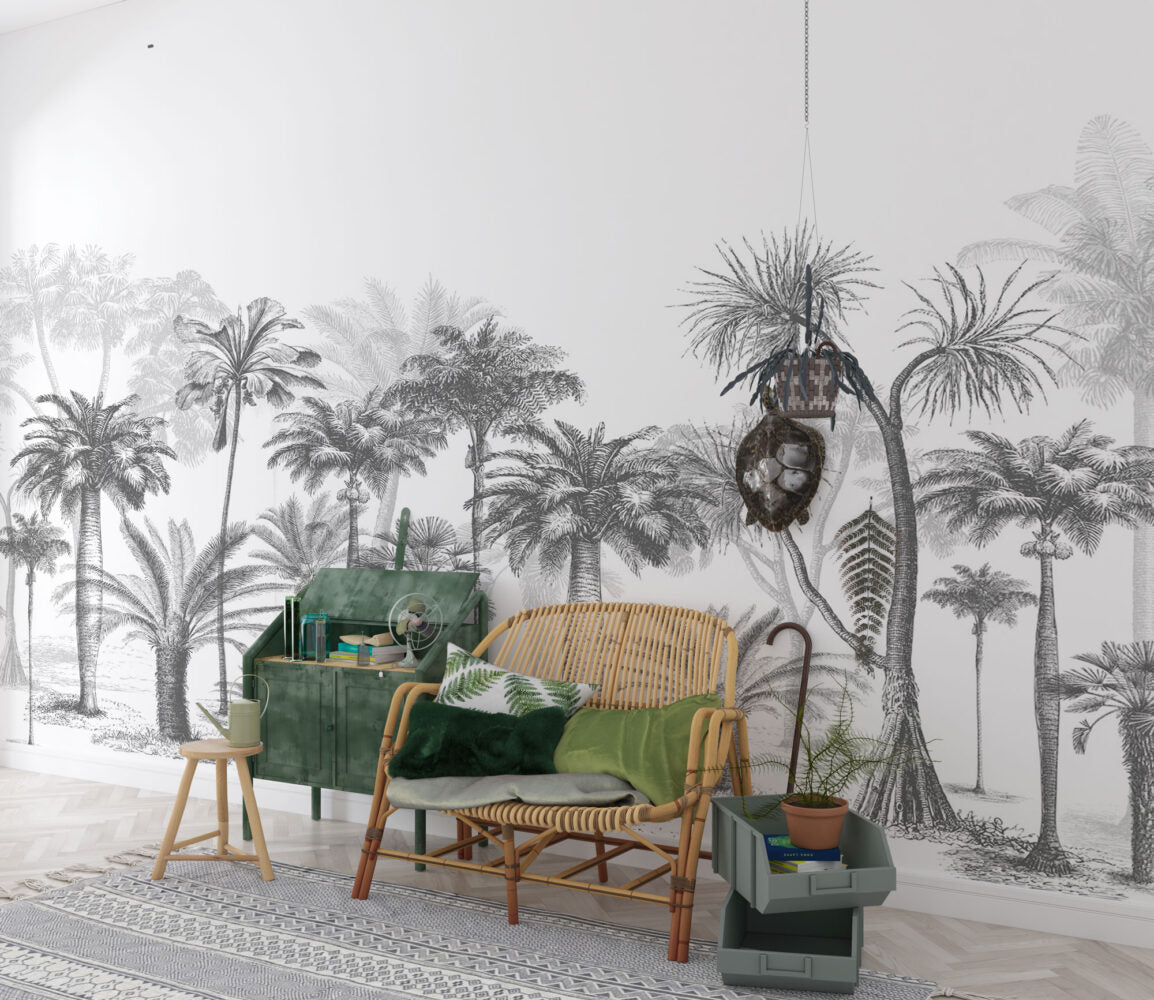 Black White Palm Tree Wallpaper : Sketch Tropical Grove Mural
