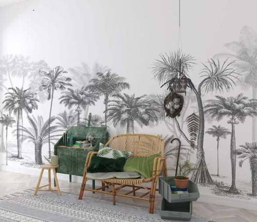 Black White Palm Tree Wallpaper : Sketch Tropical Grove Mural