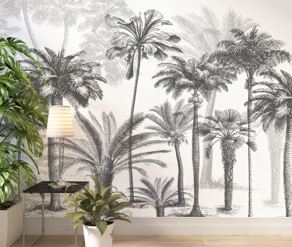 Black White Palm Tree Wallpaper : Sketch Tropical Grove Mural - View 4