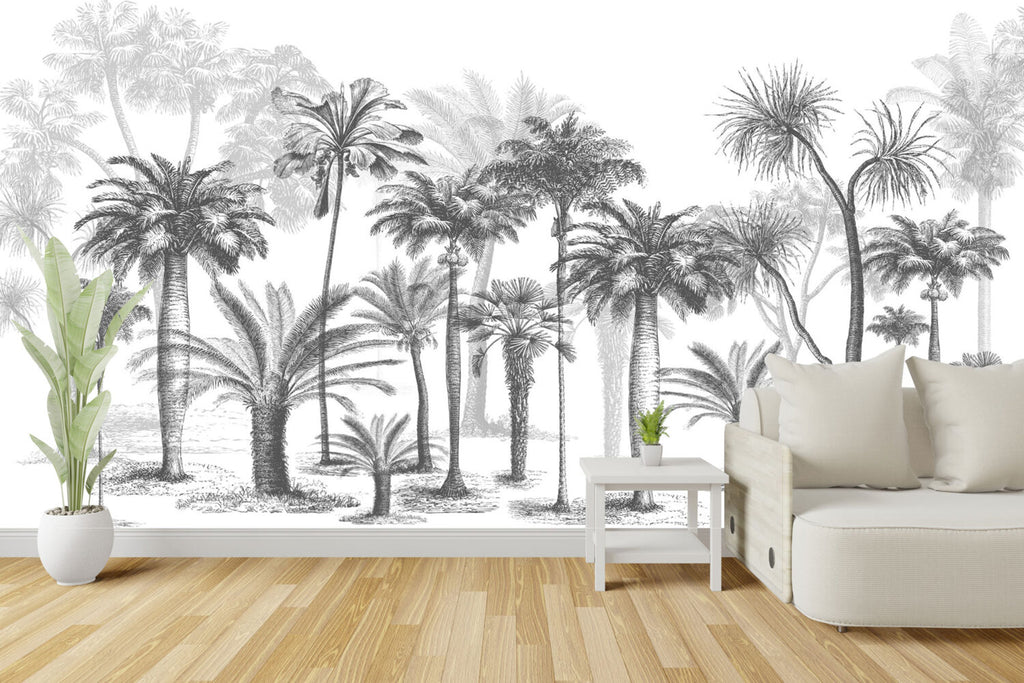Black White Palm Tree Wallpaper : Sketch Tropical Grove Mural - View 5