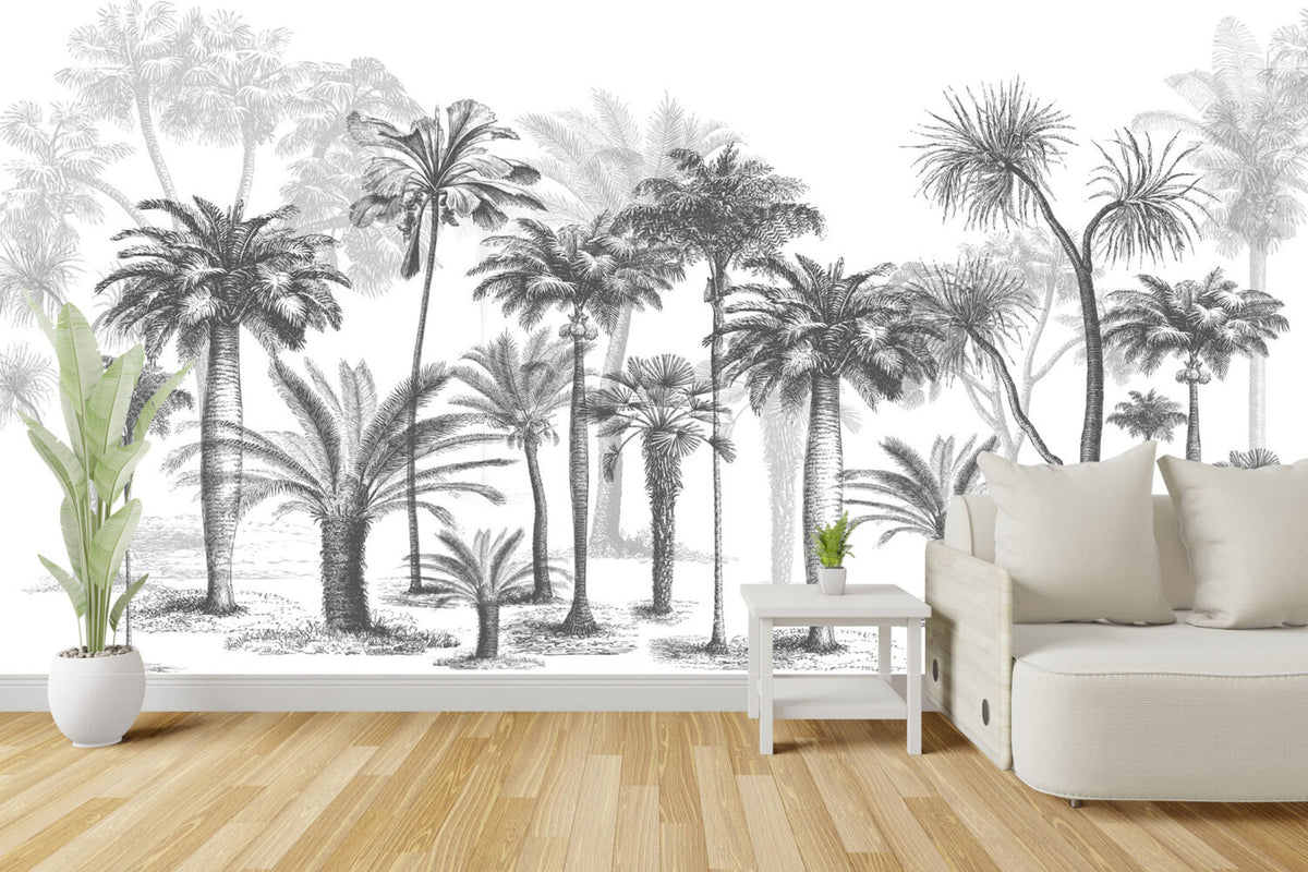 Black White Palm Tree Wallpaper : Sketch Tropical Grove Mural - View 5