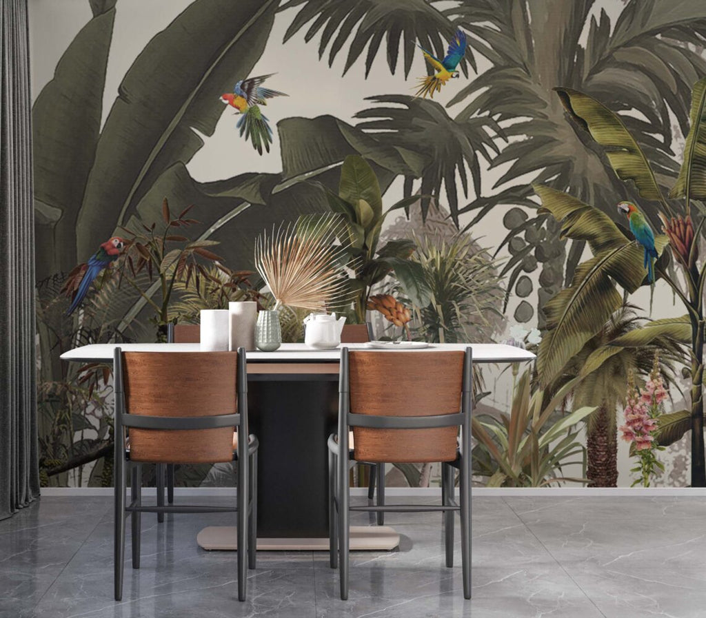 Jungle Parrots Wallpaper : Lush Tropical Forest Mural - View 2