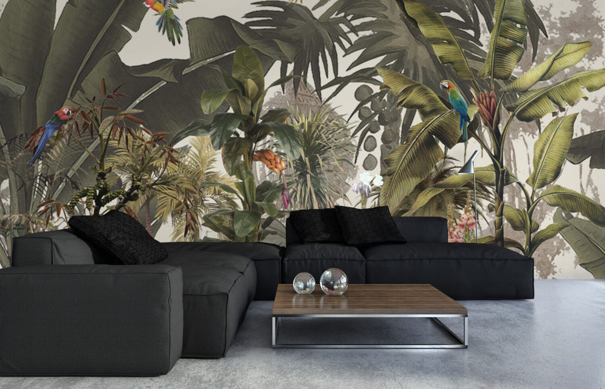Jungle Parrots Wallpaper : Lush Tropical Forest Mural - View 3