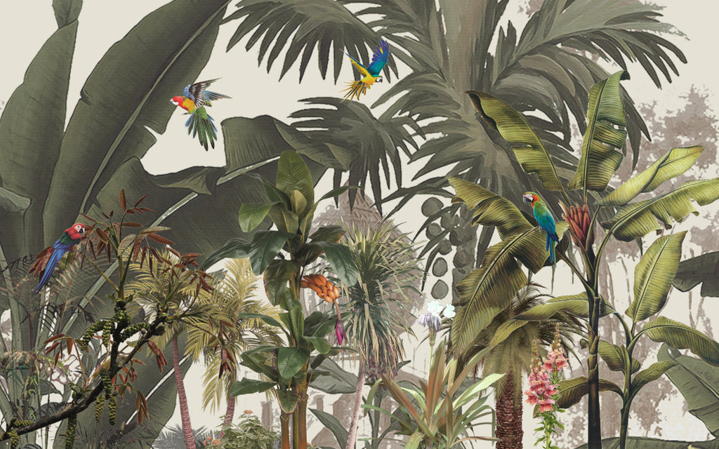 Jungle Parrots Wallpaper : Lush Tropical Forest Mural - flat design