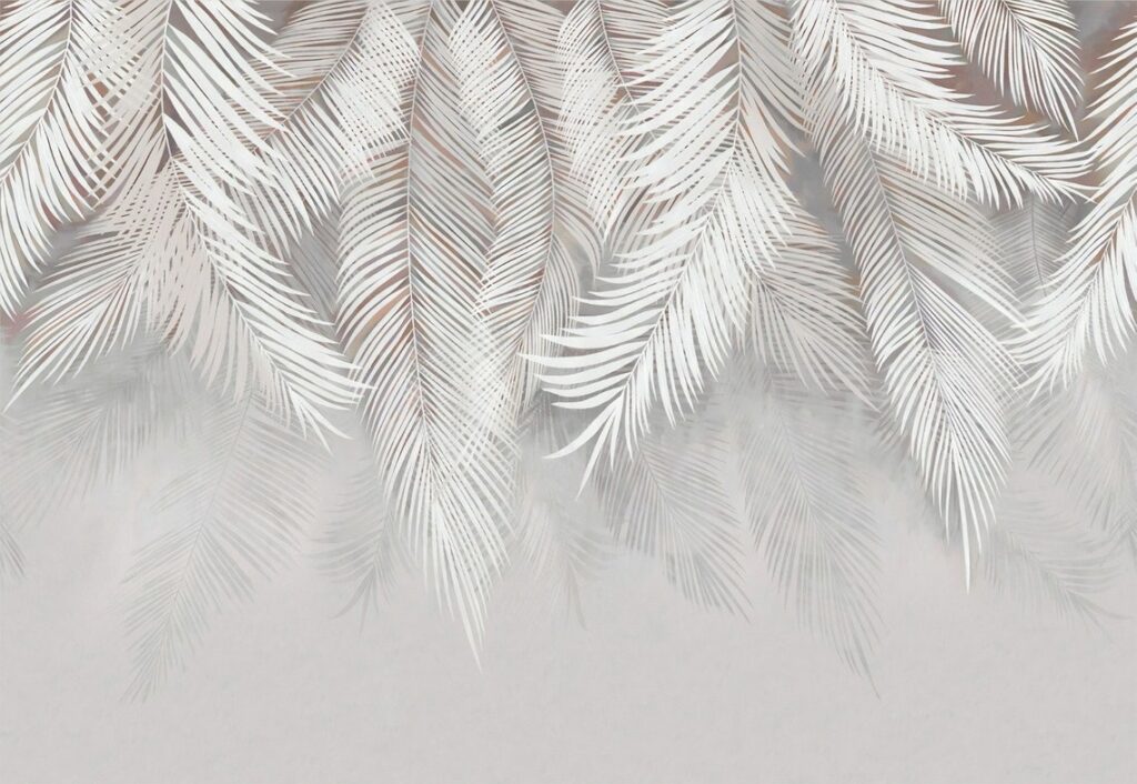White Hanging Palm Wallpaper : Soft Feather Leaf Mural - flat design