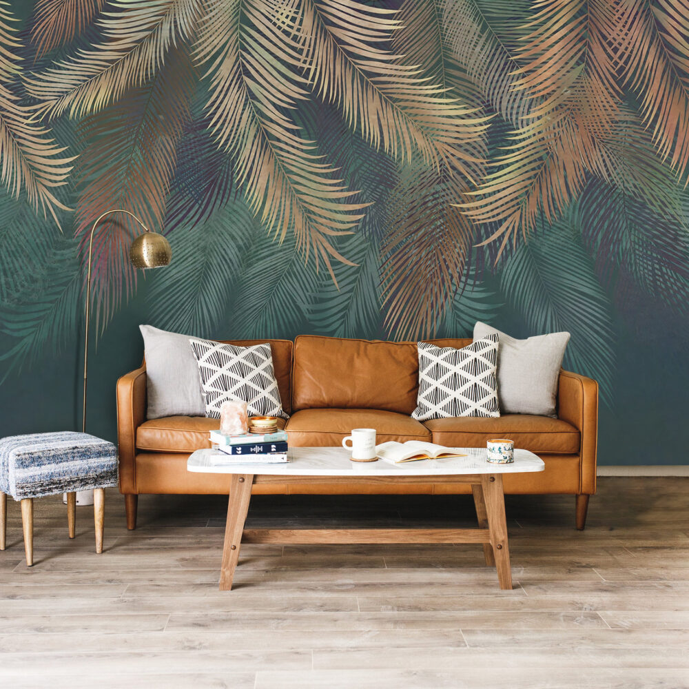 Teal Palm Wallpaper : Hanging Fronds on Dark Green Mural