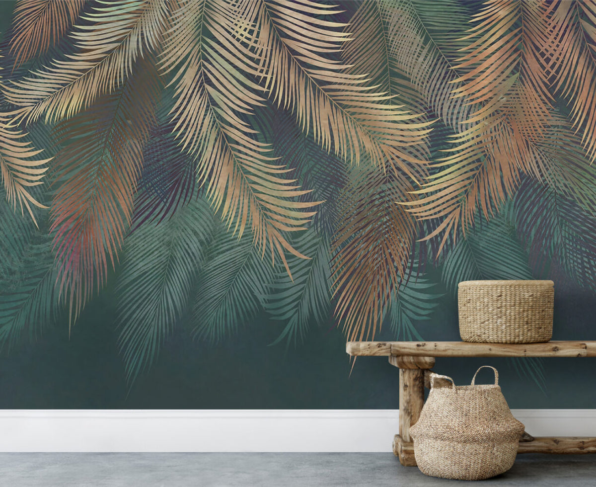 Teal Palm Wallpaper : Hanging Fronds on Dark Green Mural - View 5