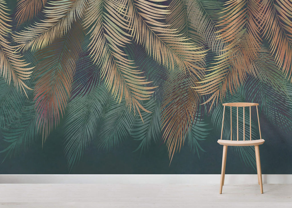 Teal Palm Wallpaper : Hanging Fronds on Dark Green Mural - View 6