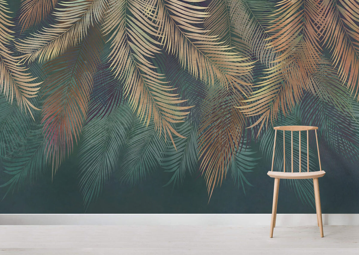 Teal Palm Wallpaper : Hanging Fronds on Dark Green Mural - View 6