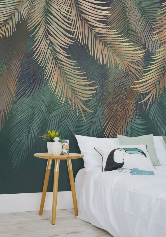Teal Palm Wallpaper : Hanging Fronds on Dark Green Mural - View 4