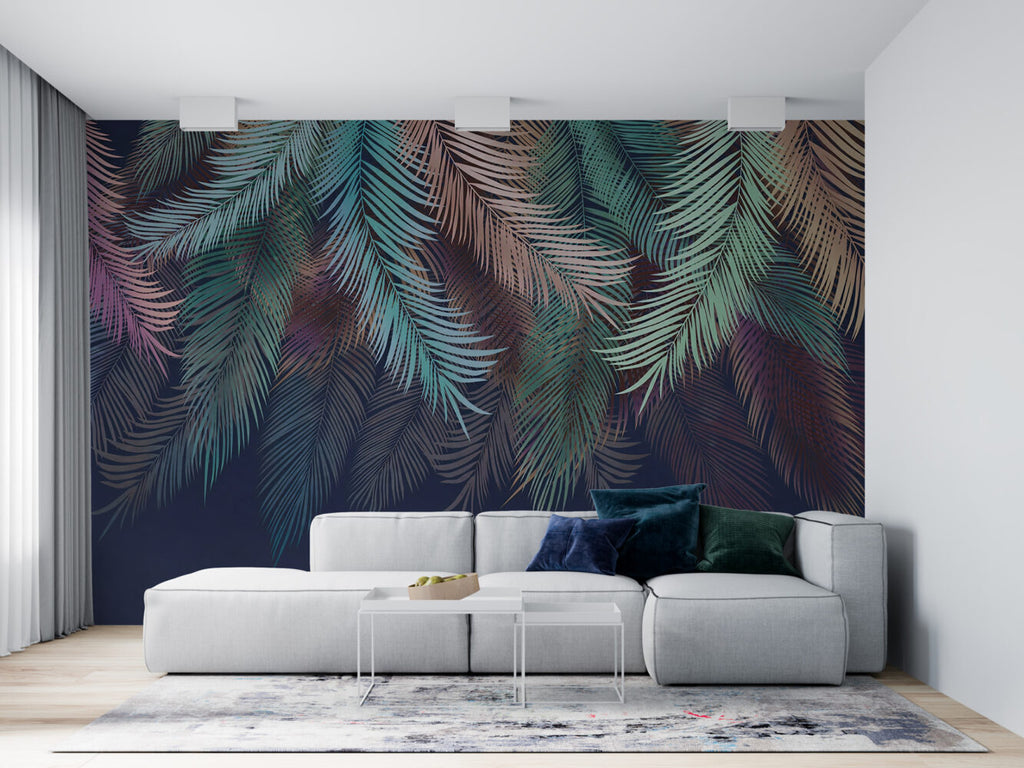 Iridescent Hanging Palm Wallpaper : Teal and Mauve Fronds on Navy Mural