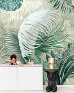 Windswept Palm Leaf Wallpaper : Green Tropical Mural