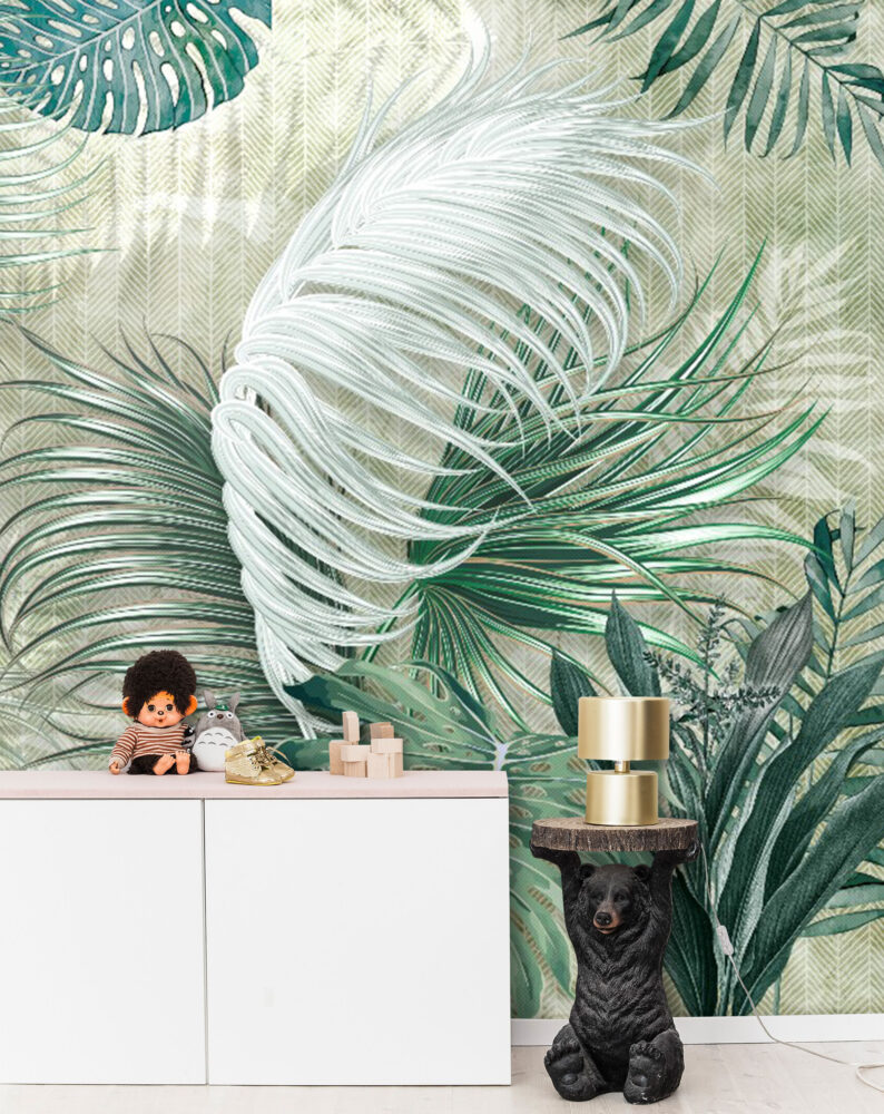 Windswept Palm Leaf Wallpaper : Green Tropical Mural