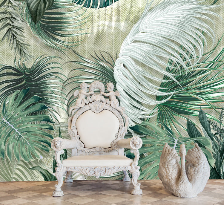 Windswept Palm Leaf Wallpaper : Green Tropical Mural - View 2