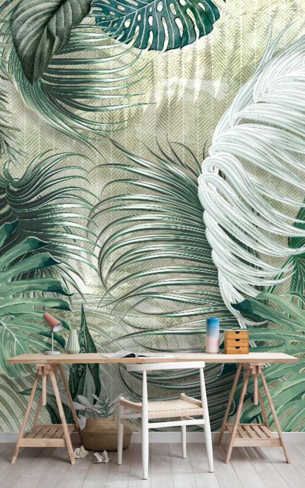 Windswept Palm Leaf Wallpaper : Green Tropical Mural - View 3