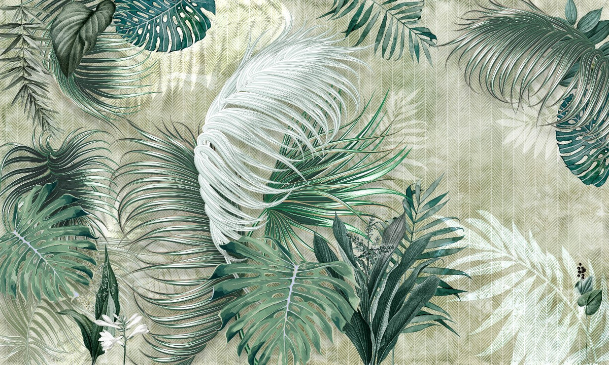 Windswept Palm Leaf Wallpaper : Green Tropical Mural - flat design