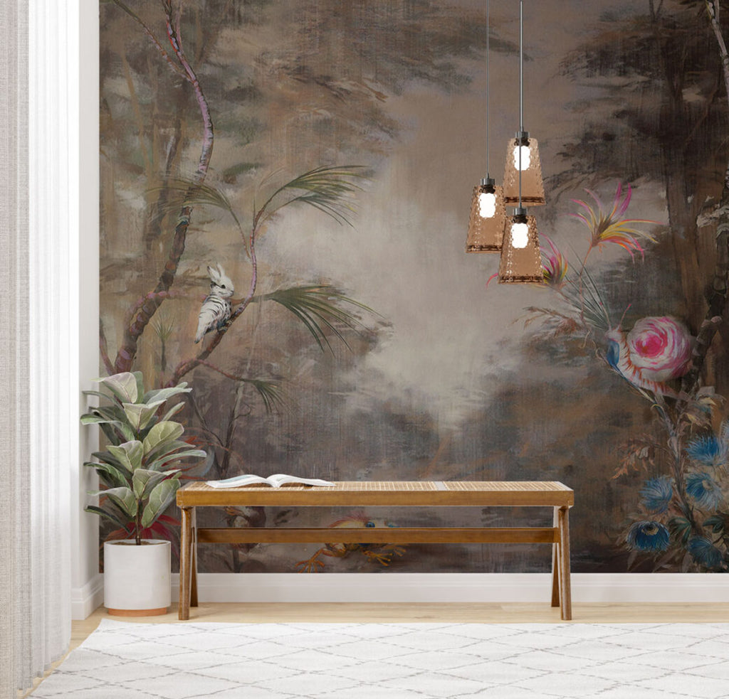 Vintage Jungle Cockatoo Wallpaper : Distressed Forest Animals Mural - View 3