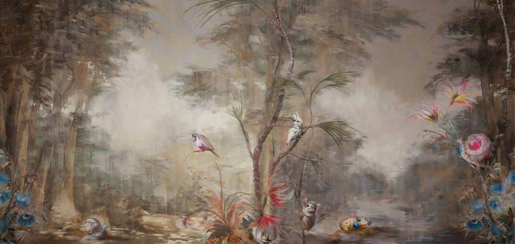 Vintage Jungle Cockatoo Wallpaper : Distressed Forest Animals Mural - flat design