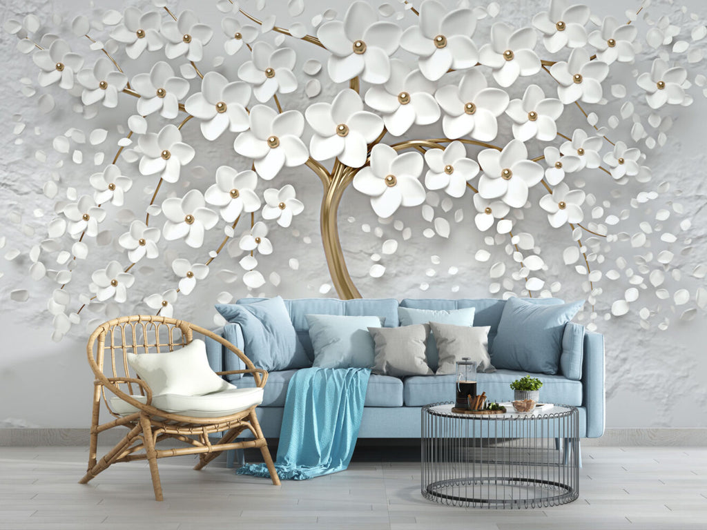 Gold Blossom Tree Wallpaper : 3D White Flower Mural - View 6