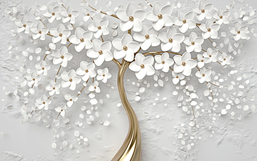 Gold Blossom Tree Wallpaper : 3D White Flower Mural - View 2