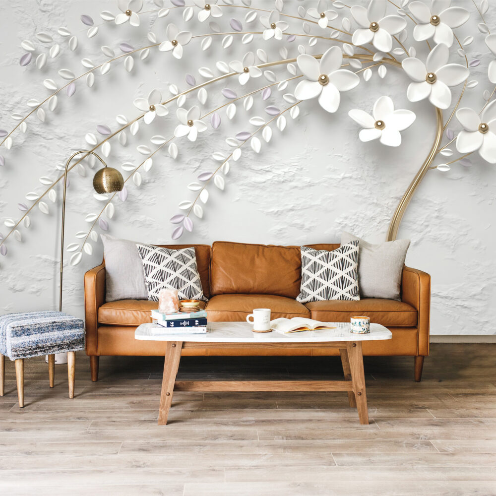 White Blossom Branch Wallpaper : 3D Plaster Flowers Mural - View 5