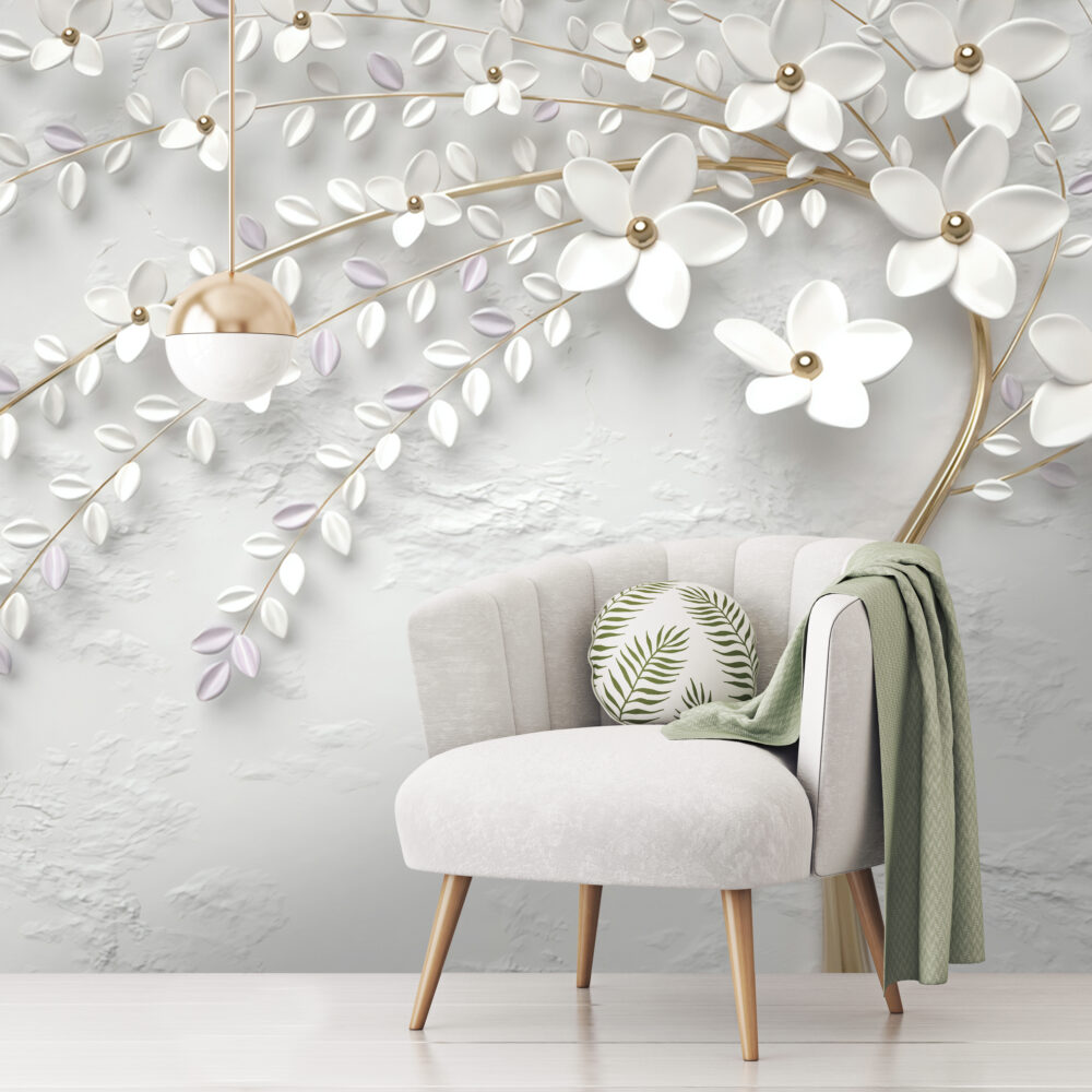 White Blossom Branch Wallpaper : 3D Plaster Flowers Mural - View 3