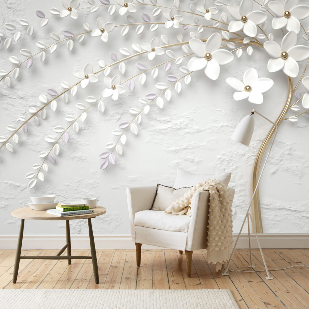 White Blossom Branch Wallpaper : 3D Plaster Flowers Mural - View 4