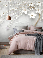 White Blossom Branch Wallpaper : 3D Plaster Flowers Mural