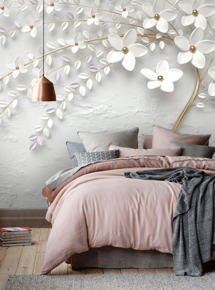White Blossom Branch Wallpaper : 3D Plaster Flowers Mural