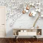 White Blossom Branch Wallpaper : 3D Plaster Flowers Mural - View 2