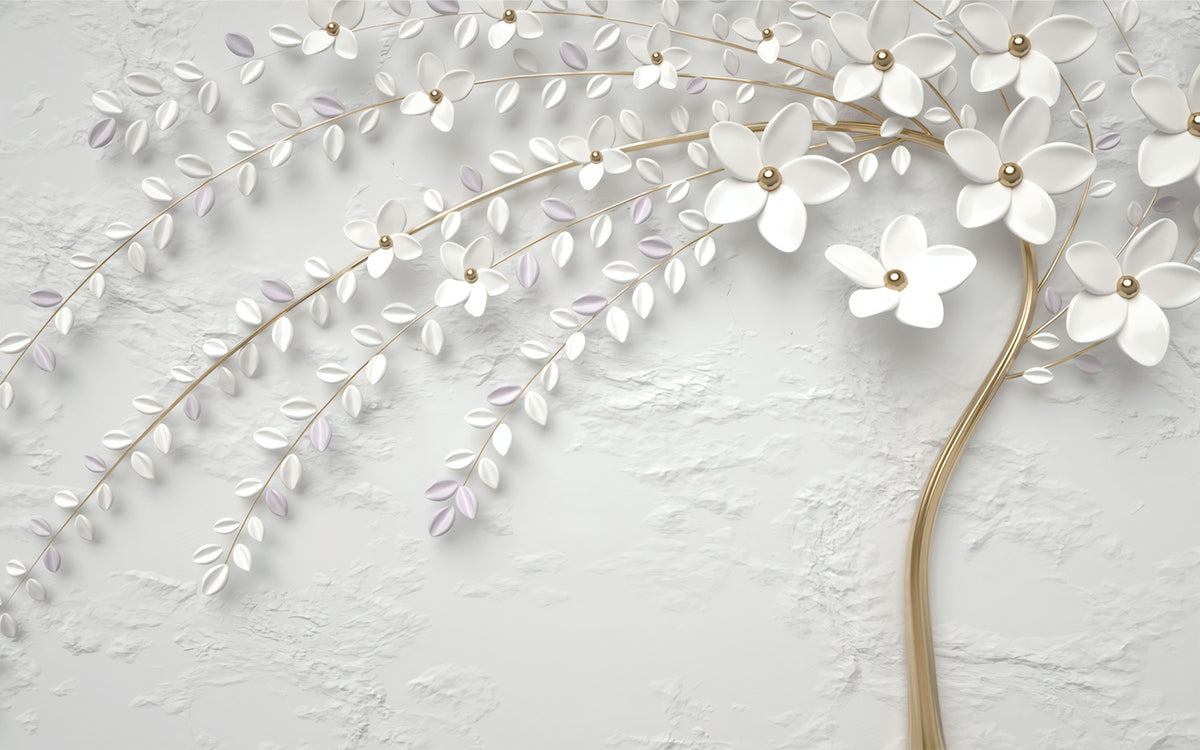 White Blossom Branch Wallpaper : 3D Plaster Flowers Mural - flat design