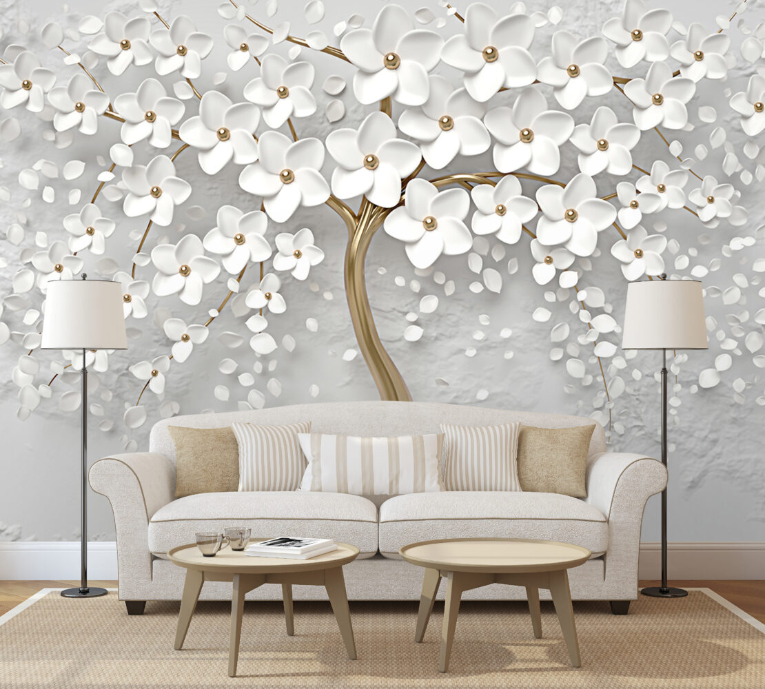 Gold Blossom Tree Wallpaper : 3D White Flower Mural - View 3