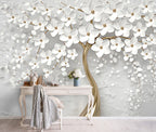 Gold Blossom Tree Wallpaper : 3D White Flower Mural - View 5