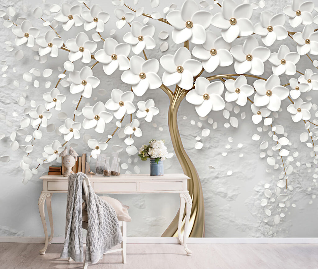 Gold Blossom Tree Wallpaper : 3D White Flower Mural - View 4