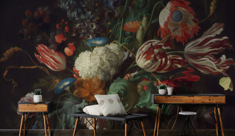 Dutch Floral Wallpaper : Dark Still Life Bouquet Mural - View 4