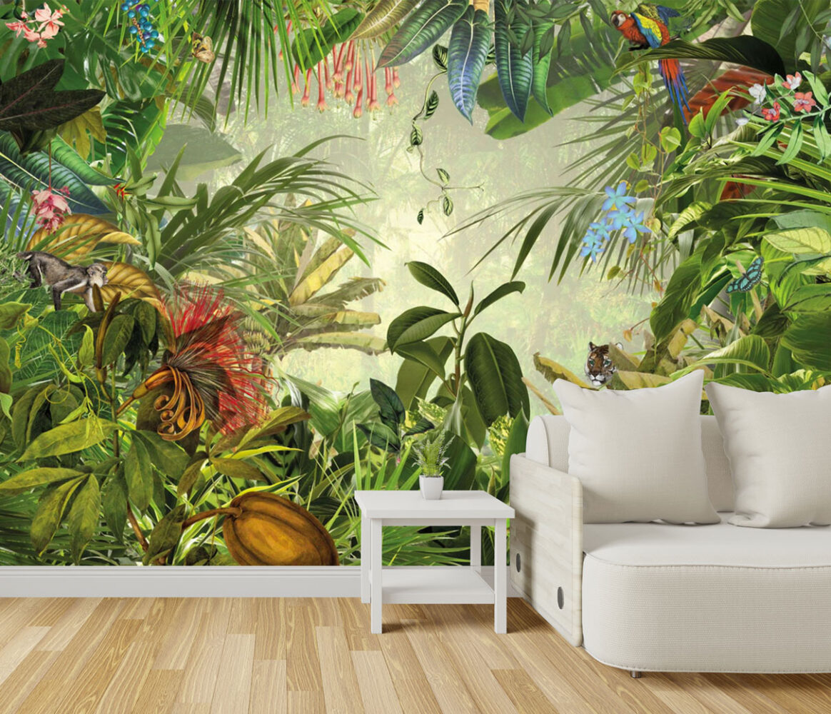 Vibrant Rainforest Wallpaper : Tropical Garden Animals Mural
