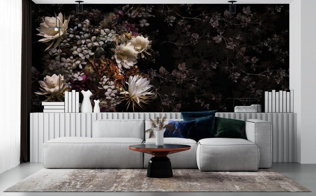 Dark Night Bloom Wallpaper : Moody Floral On Black Mural - View 2