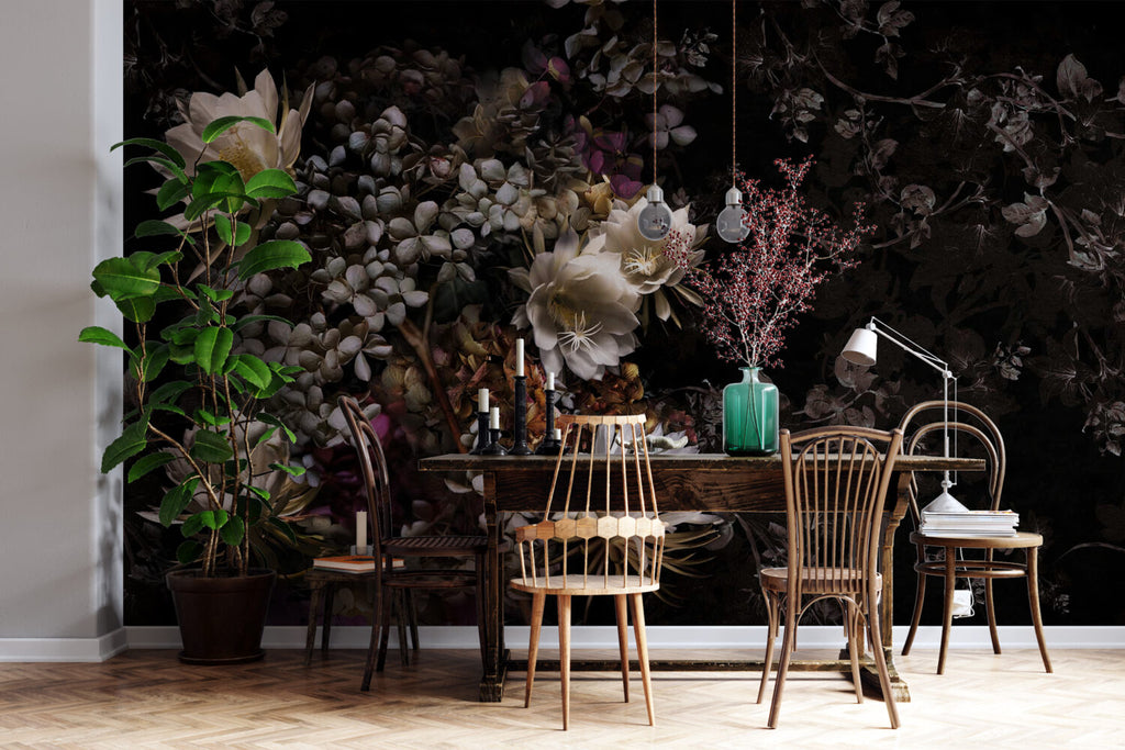Dark Night Bloom Wallpaper : Moody Floral On Black Mural - View 3