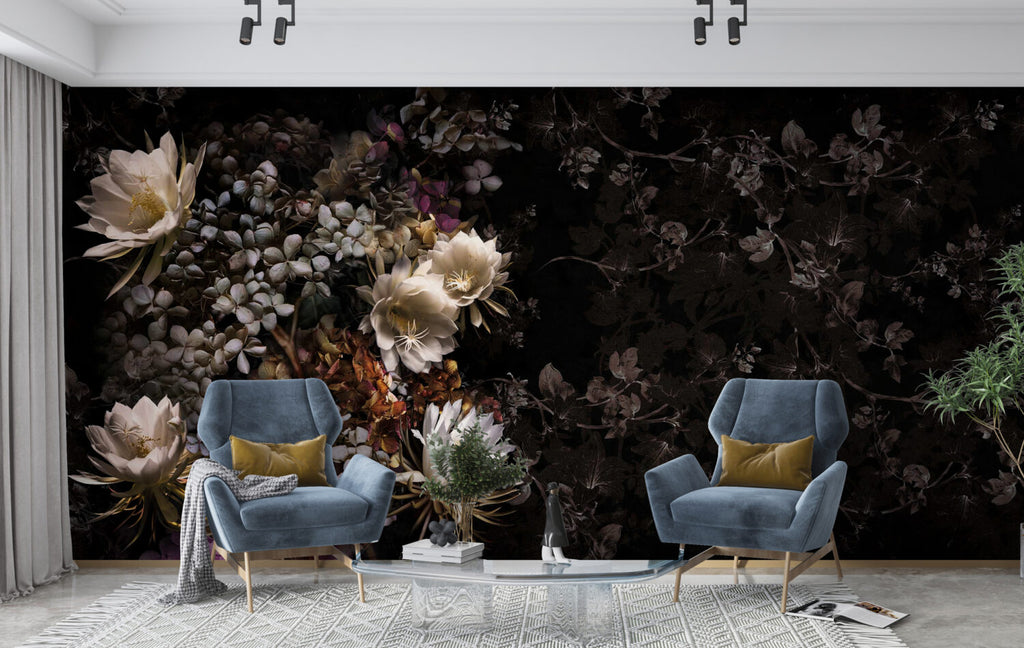 Dark Night Bloom Wallpaper : Moody Floral On Black Mural - View 4