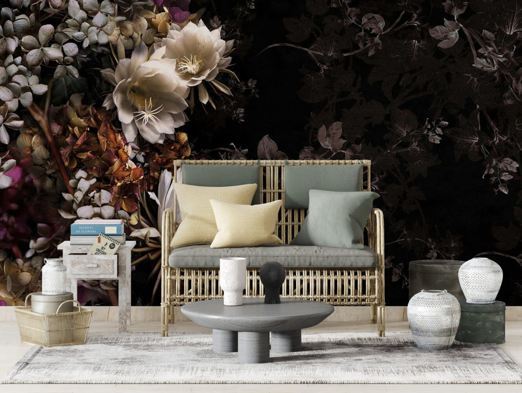 Dark Night Bloom Wallpaper : Moody Floral On Black Mural