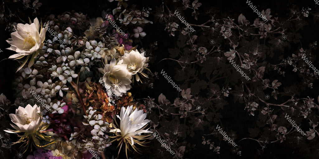 Dark Night Bloom Wallpaper : Moody Floral On Black Mural - flat design