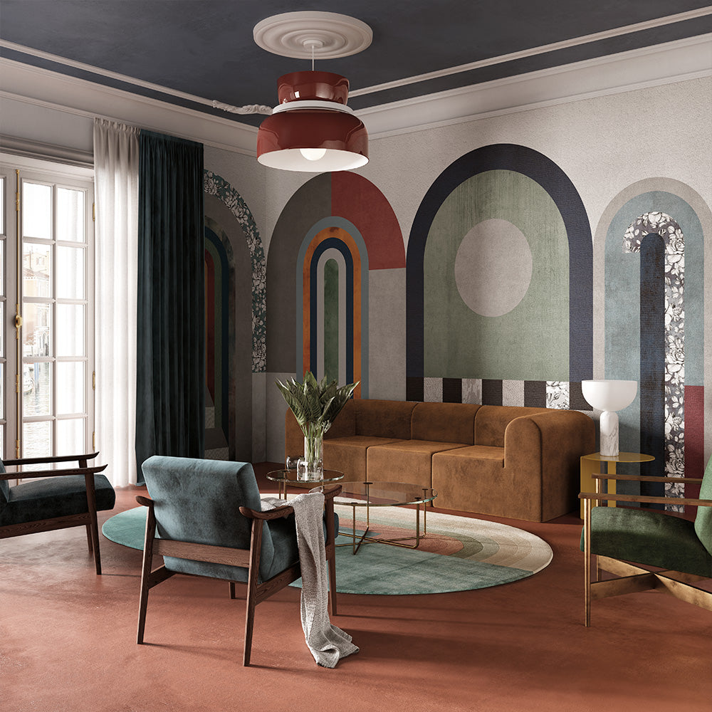 Retro Arch Wallpaper : Colorful Geometric Panels Mural