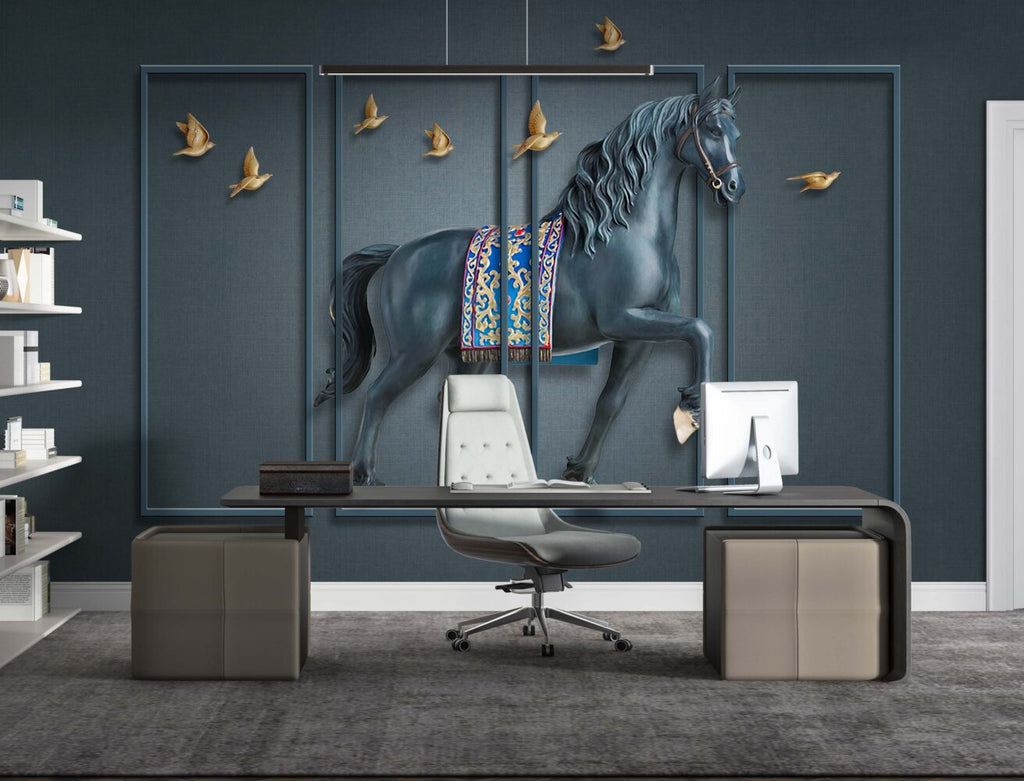 3D Horse Panel Wallpaper : Navy Molding Birds Mural - View 2