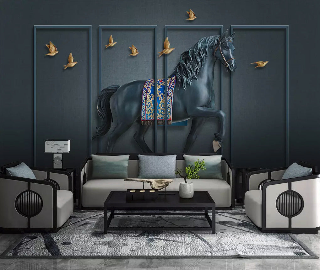 3D Horse Panel Wallpaper : Navy Molding Birds Mural