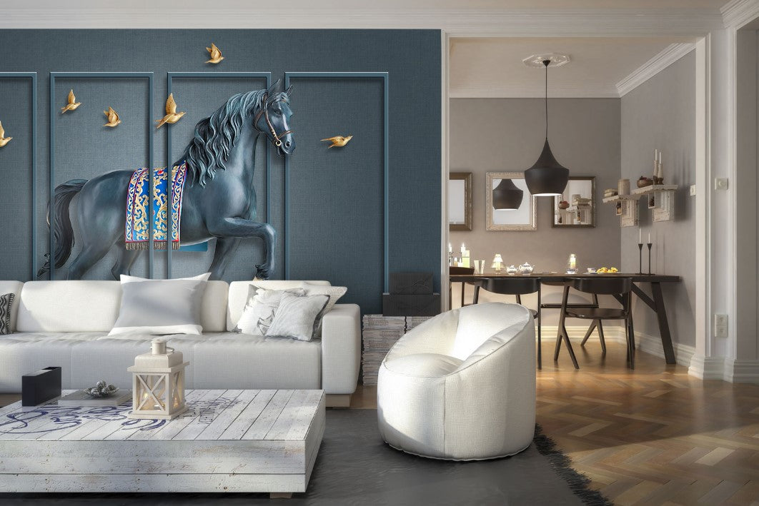3D Horse Panel Wallpaper : Navy Molding Birds Mural - View 3