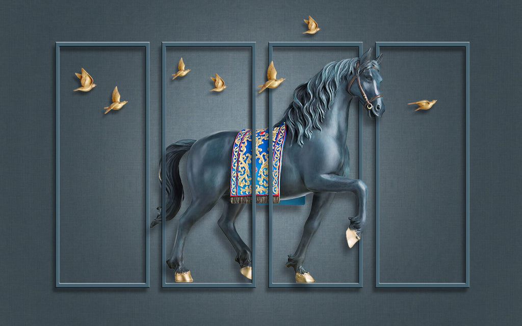 3D Horse Panel Wallpaper : Navy Molding Birds Mural - flat design