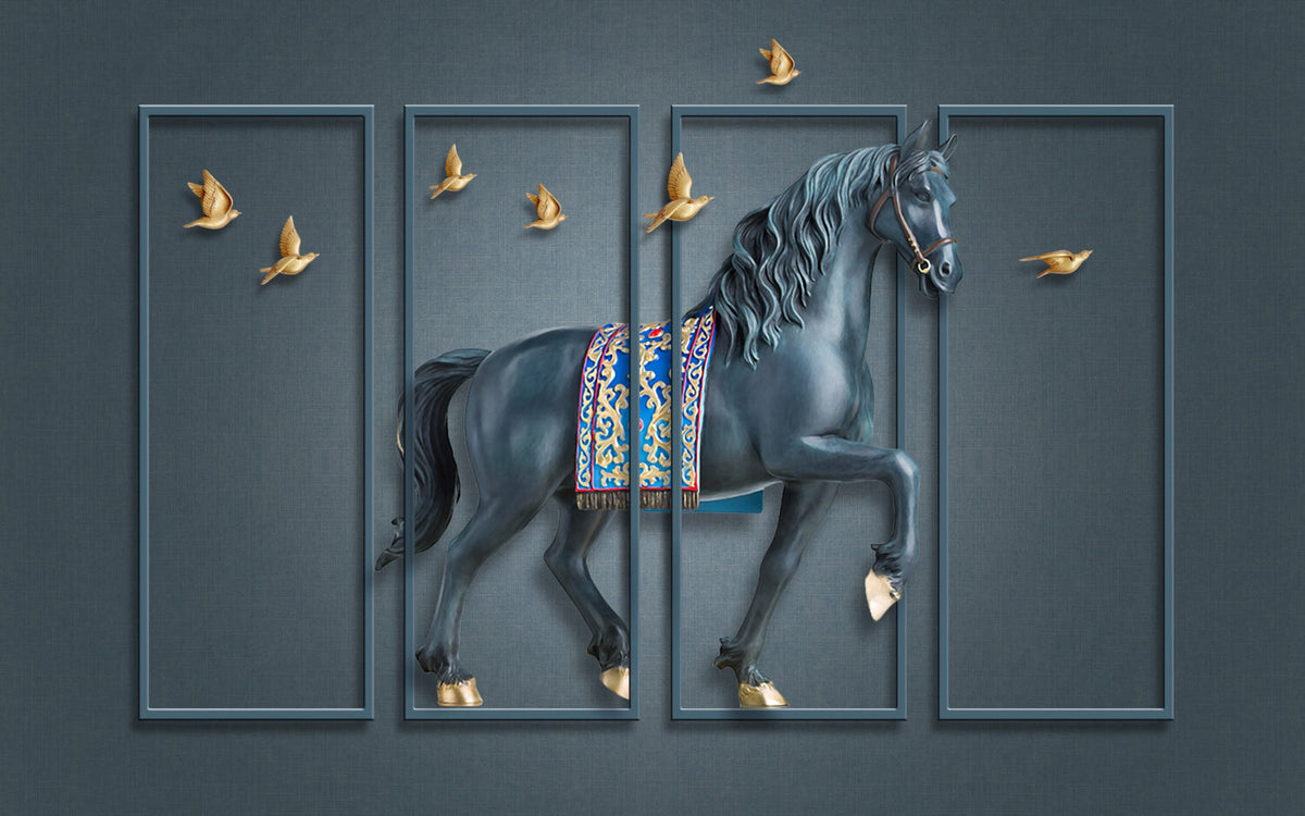 3D Horse Panel Wallpaper : Navy Molding Birds Mural - flat design